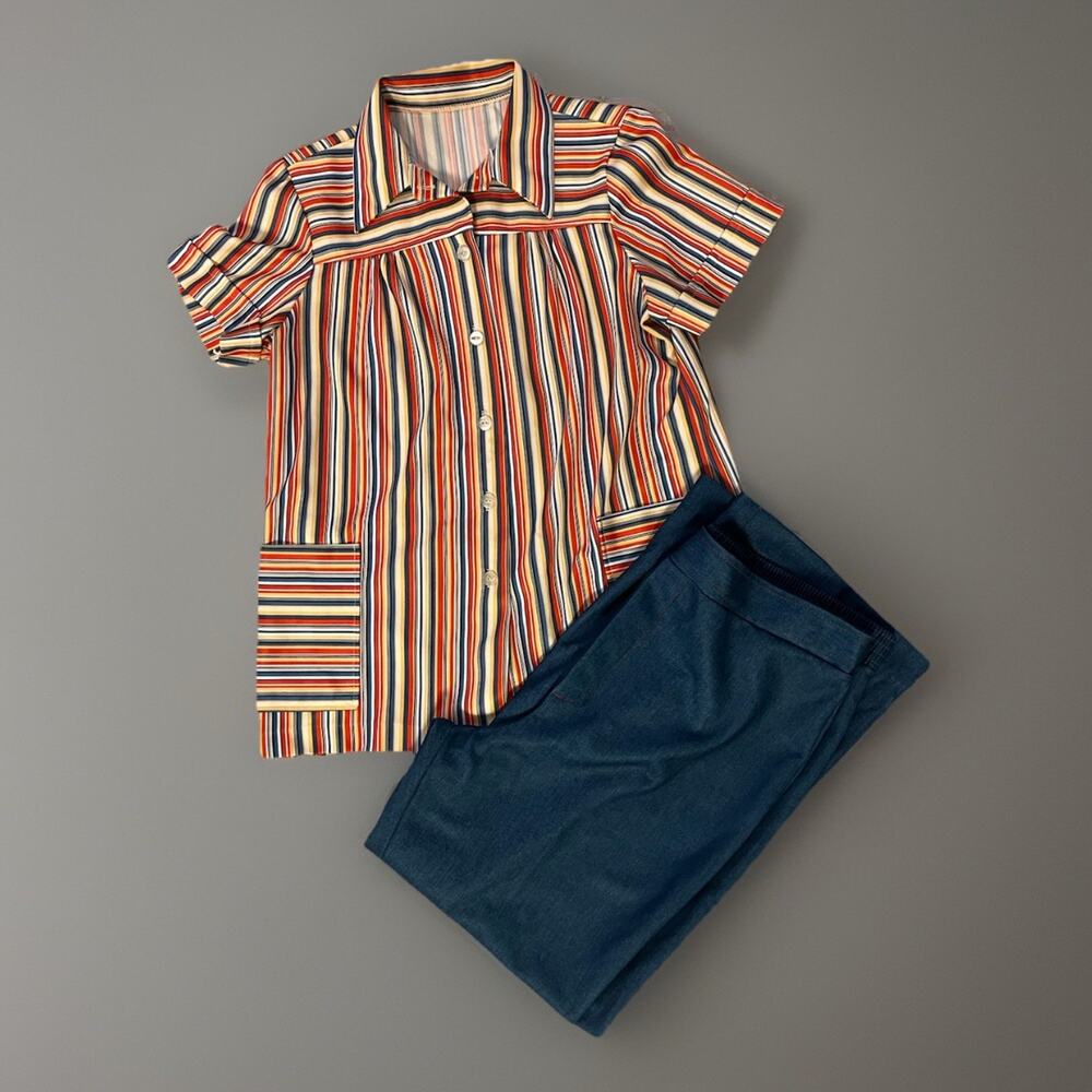 VTG 70s Handmade Set Dagger Collar Stripe Shirt Blue Flare Pants MOD Leisure S/M